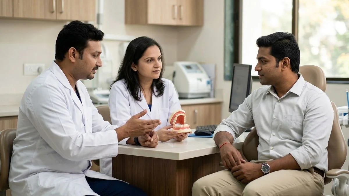 Dr. Pradeep S. and Dr. Kalpa Pandya consulting a patient about mouth ulcer vs oral cancer warning signs to watch