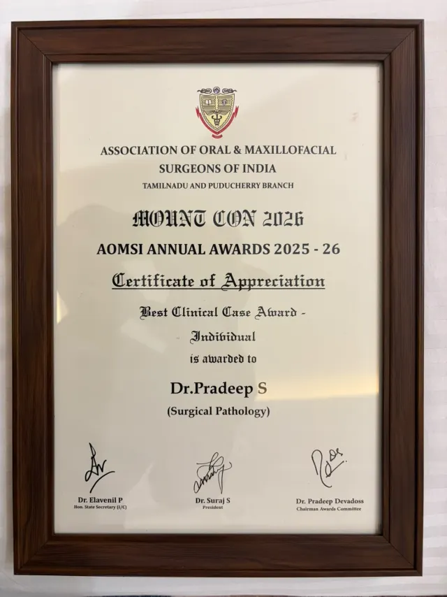 AOMSI Annual Awards 2025–26 Certificate of Appreciation awarding the Best Clinical Case Award (Individual, Surgical Pathology) to Dr. Pradeep S. at MOUNTCON 2026